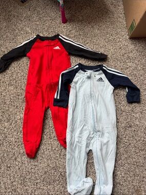 adidas Kids Footed One-Piece Sleepers in Red/Black and Light Blue/Navy